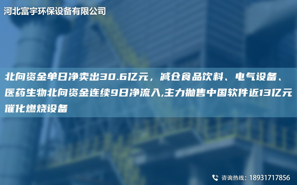 北向資金單日凈賣(mài)出30.6億元，減倉食品飲料、電氣設備、醫藥生物北向資金連續9日凈流入,主力拋售中G軟件近13億元催化燃燒設備